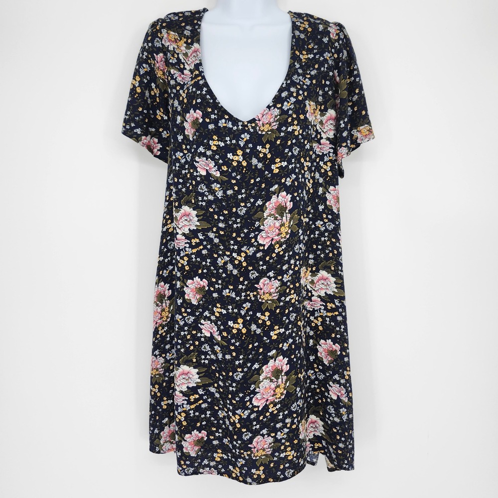 Hinge Womens Blue Floral Boho Shift‎ Dress Size XL Breezy Botanical Pockets